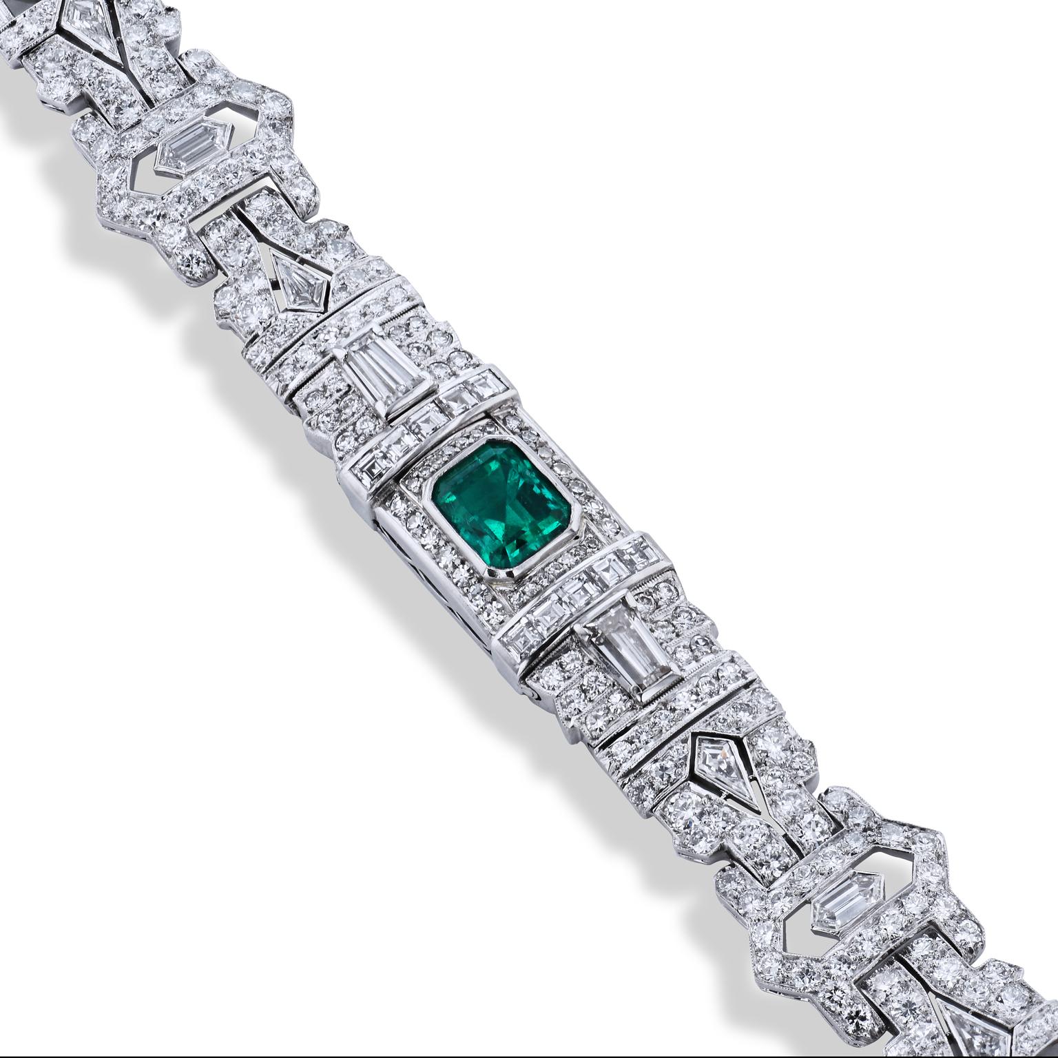 A.G.L. Certified 1.96 Emerald 16 Carat Diamond Platinum Bracelet Art Deco Style In Excellent Condition In Miami, FL