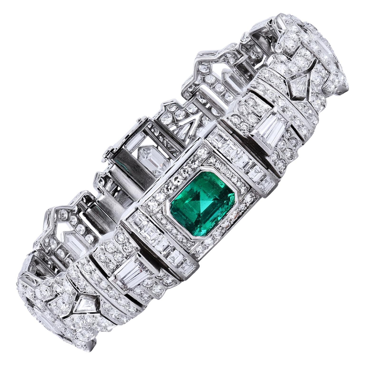 A.G.L. Certified 1.96 Emerald 16 Carat Diamond Platinum Bracelet Art Deco Style