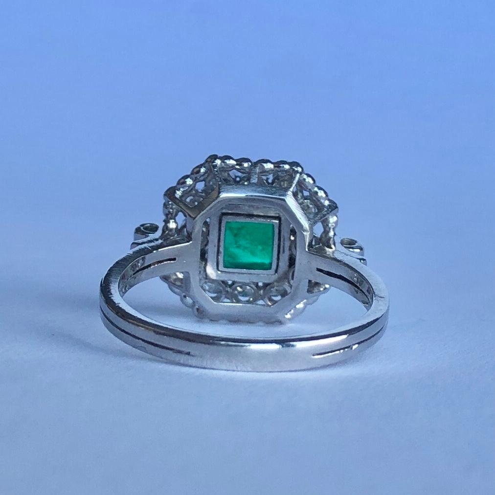 Square Cut Art Deco Emerald and Diamond Platinum Cluster Ring For Sale