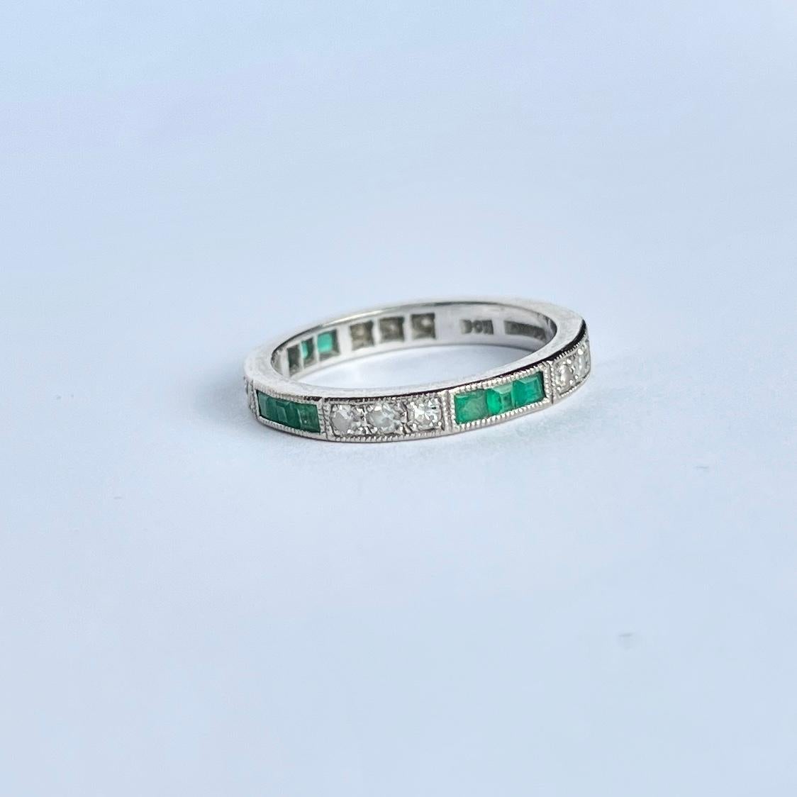 Art Deco Emerald and Diamond Platinum Eternity Band In Good Condition In Chipping Campden, GB