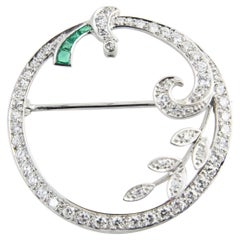Antique Art Deco Emerald and Diamond Platinum Floral Circle Brooch