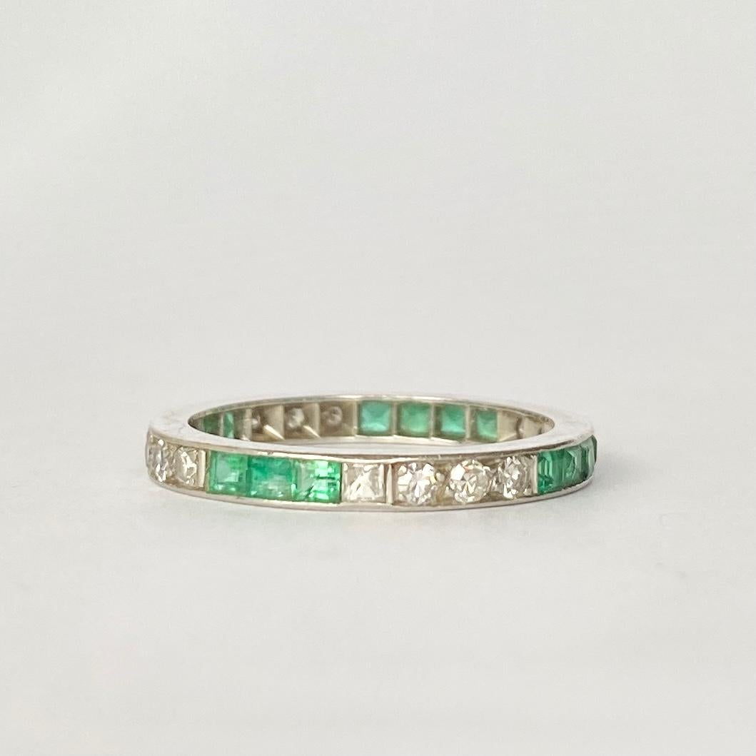 Square Cut Art Deco Emerald and Diamond Platinum Full Eternity Band