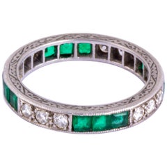 Art Deco Emerald and Diamond Platinum Full Eternity Band
