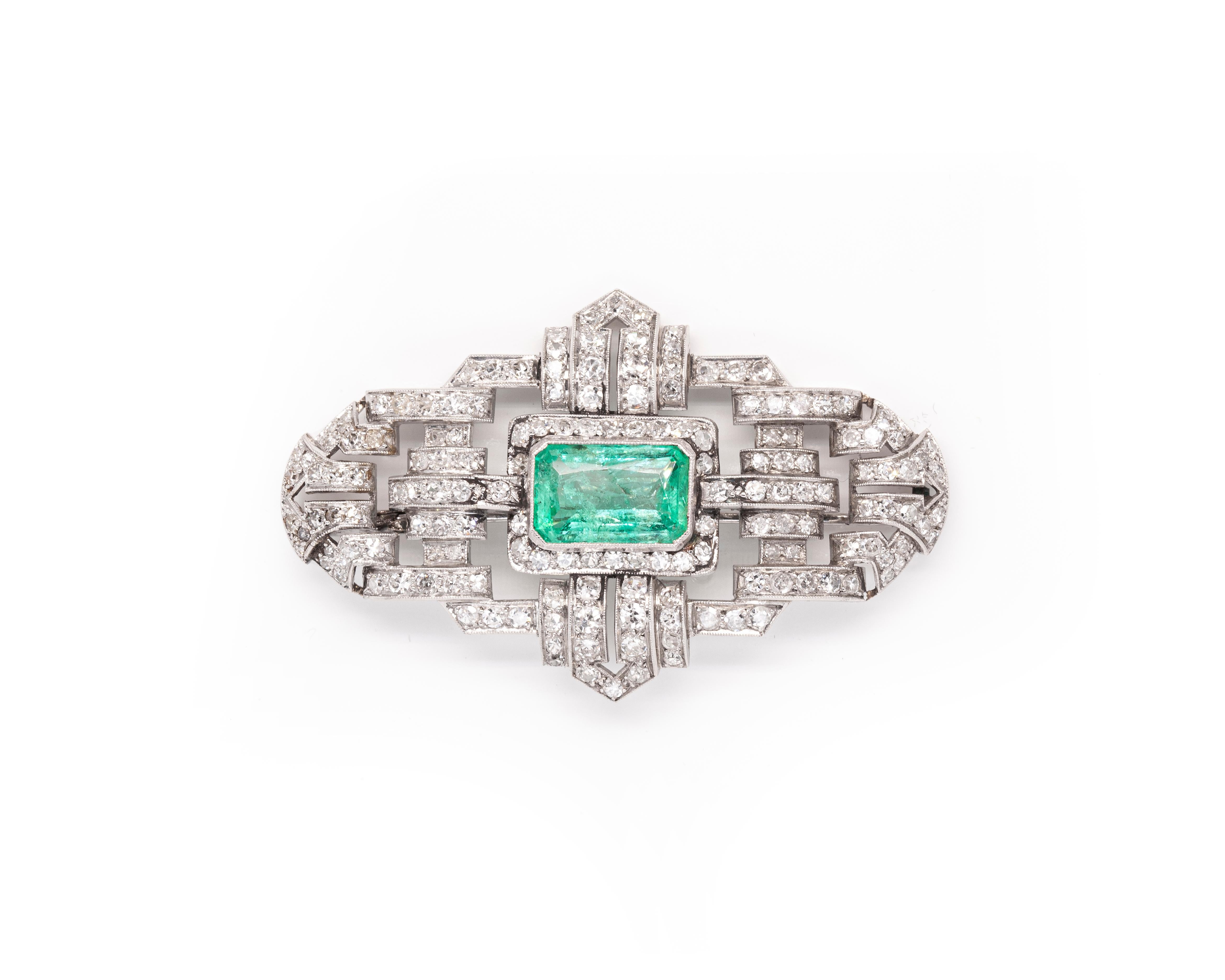 Emerald Cut Art Deco Emerald and Diamond Platinum Plaque Brooch For Sale