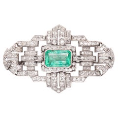 Antique Art Deco Emerald and Diamond Platinum Plaque Brooch