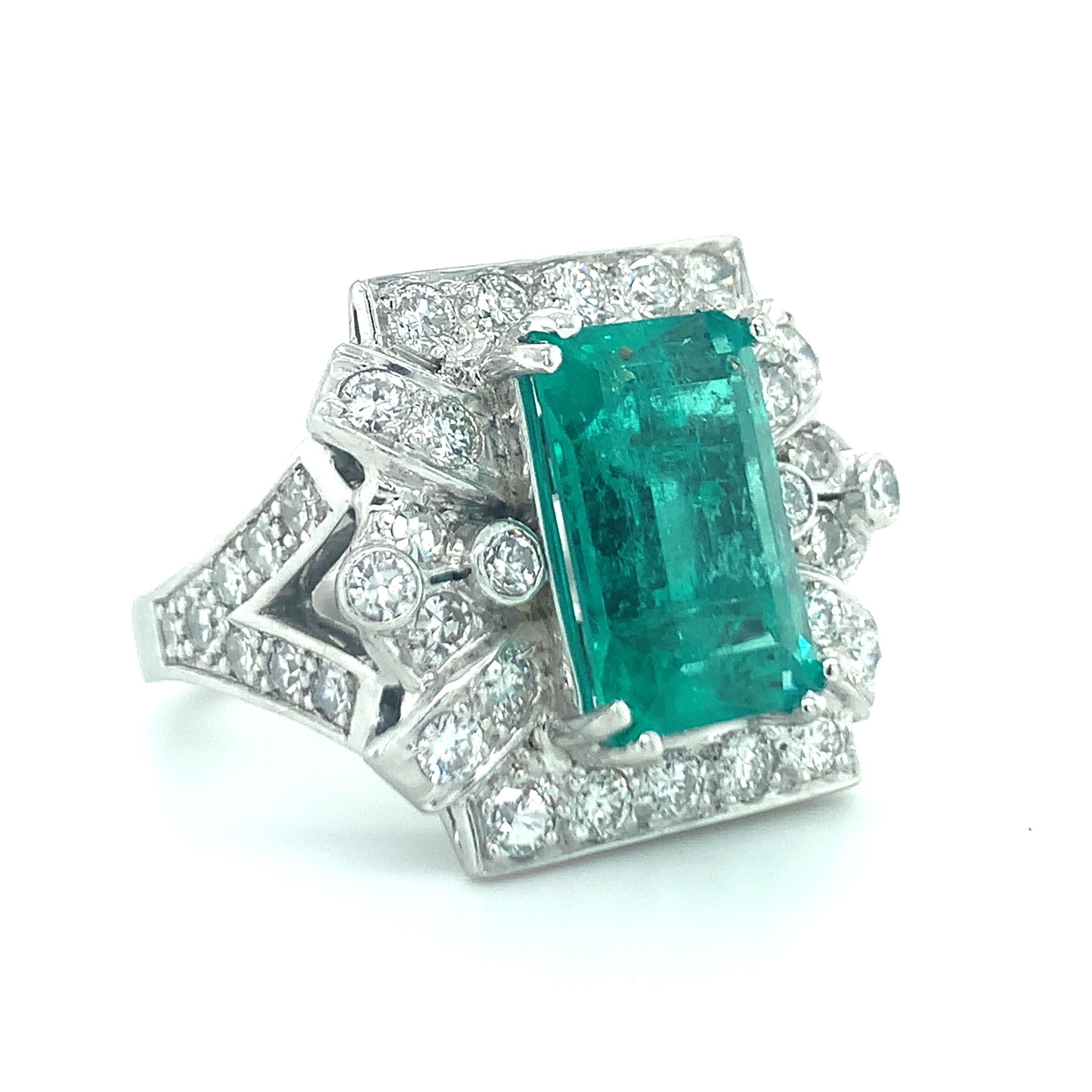 Emerald Cut Art Deco Emerald and Diamond Platinum Ring For Sale