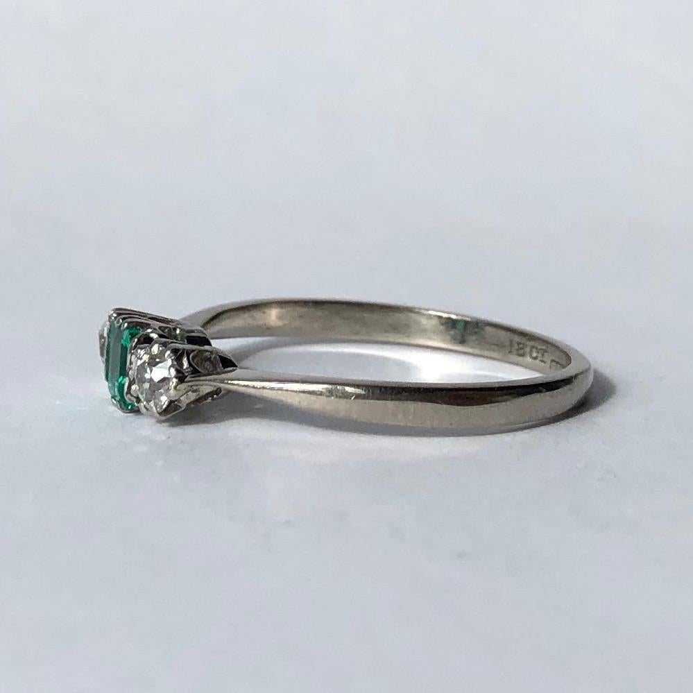 The emerald in the centre of this trio of stunning stones measures 35pts and the shimmering old European cut diamonds that sit either side total 20pts. All modelled in platinum.

Ring Size: Q or 8
Height Off Finger: 4mm

Weight: 2.49g