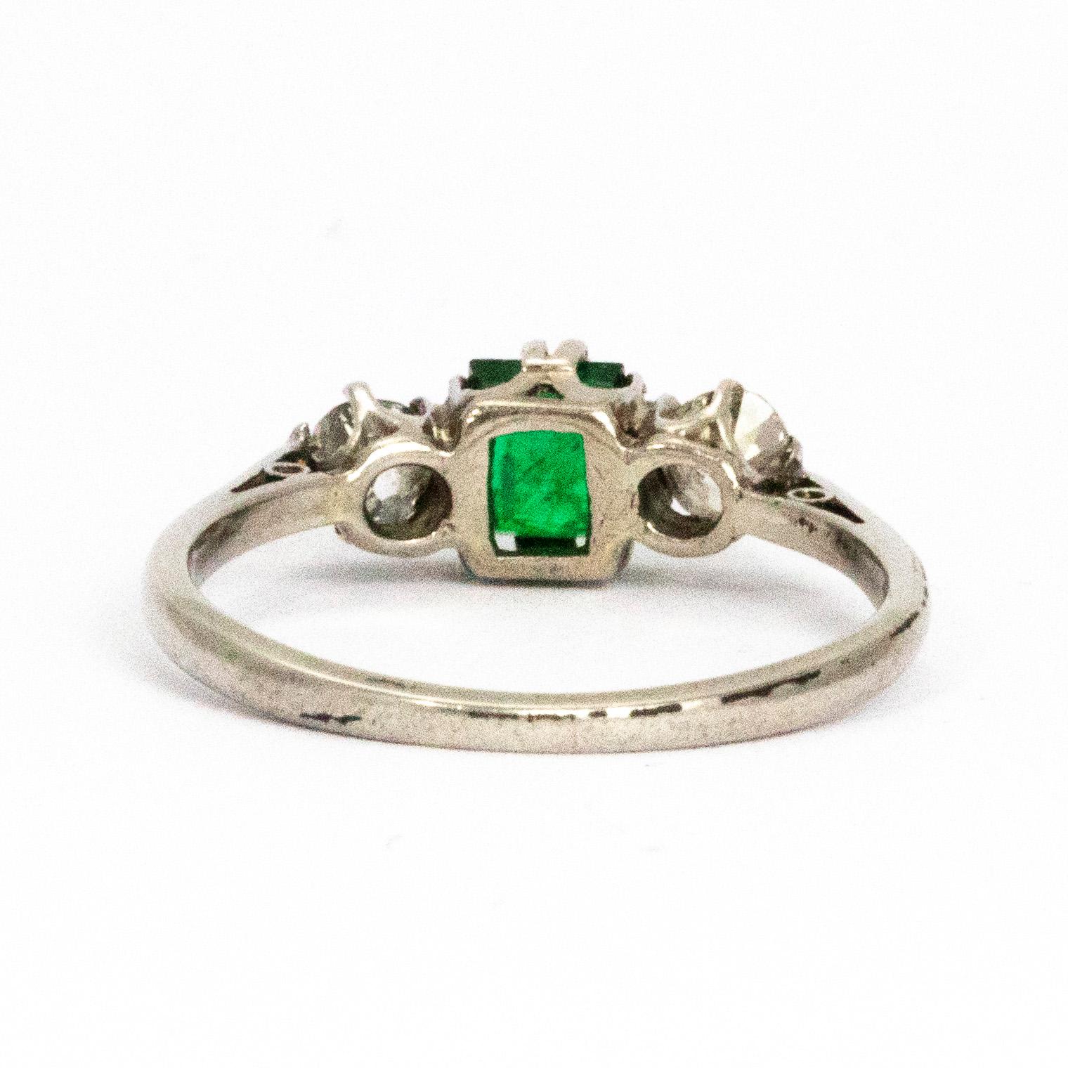 Art Deco Emerald and Diamond Platinum Three-Stone Ring In Good Condition In Chipping Campden, GB