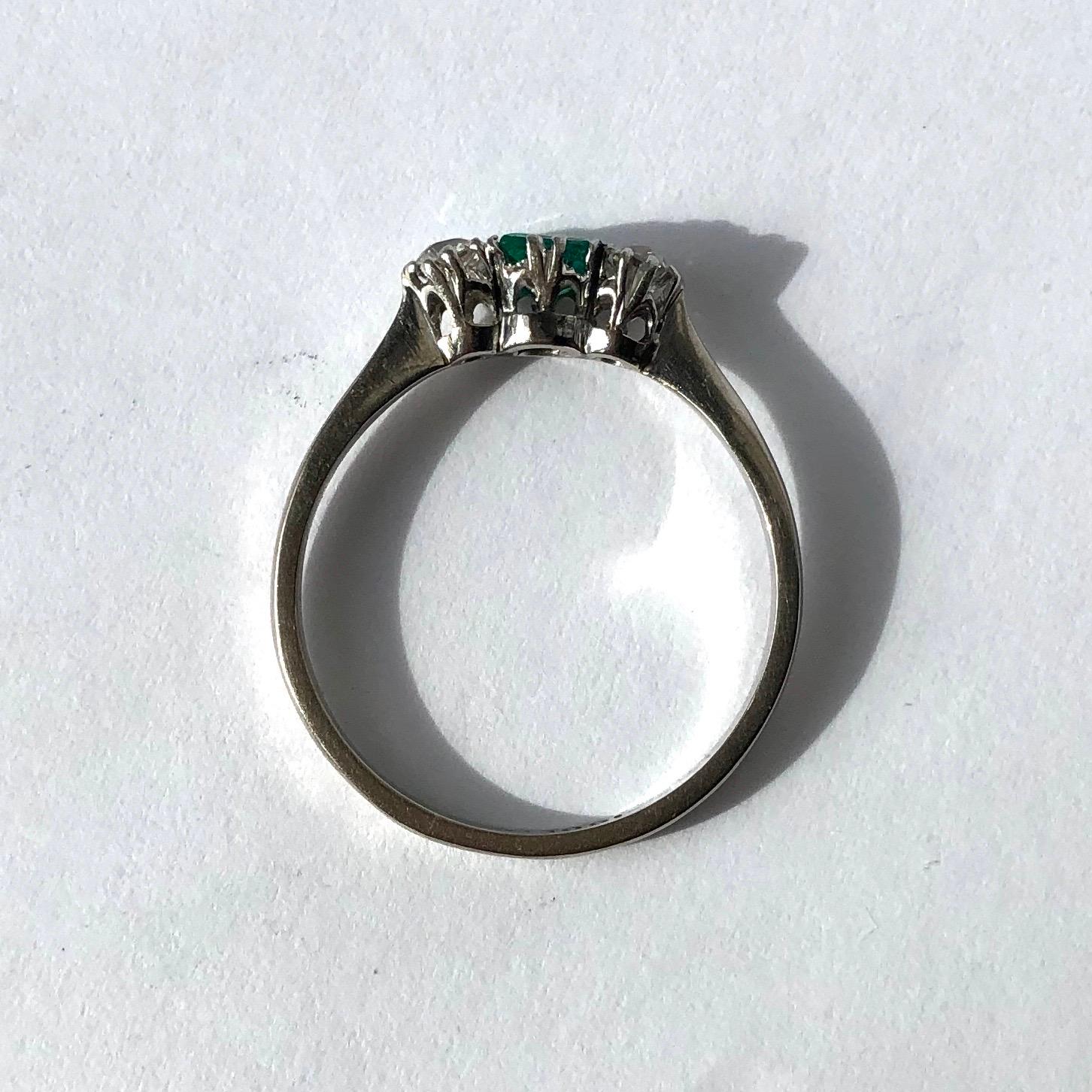 Square Cut Art Deco Emerald and Diamond Platinum Three-Stone Ring