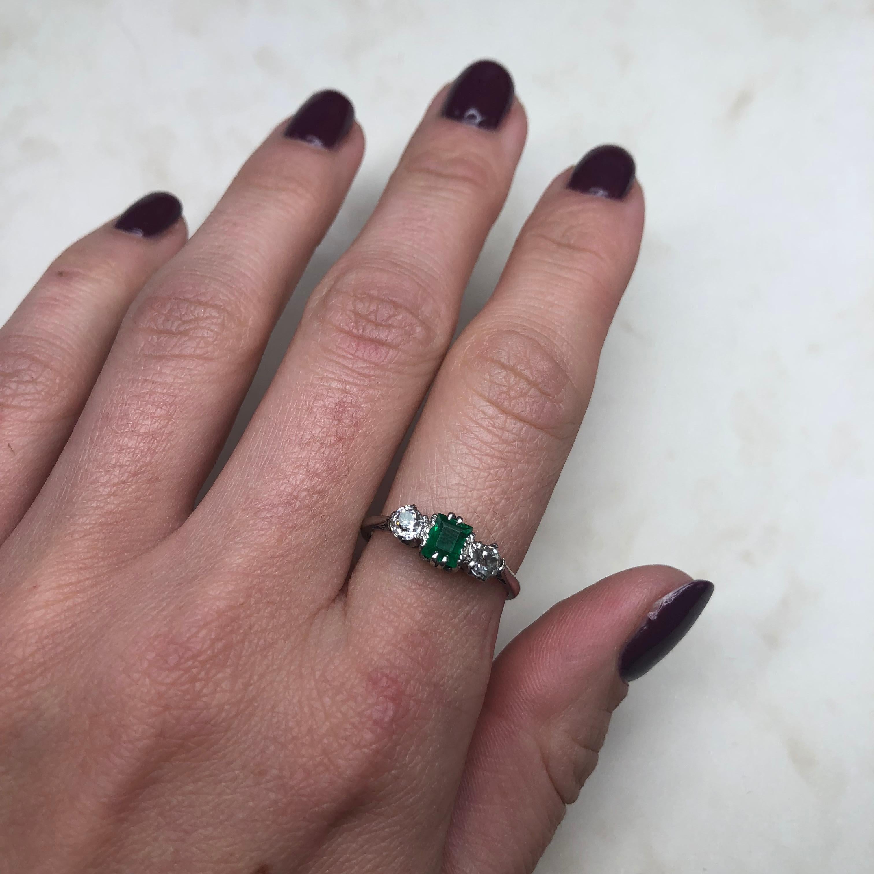 Art Deco Emerald and Diamond Platinum Three-Stone Ring 1