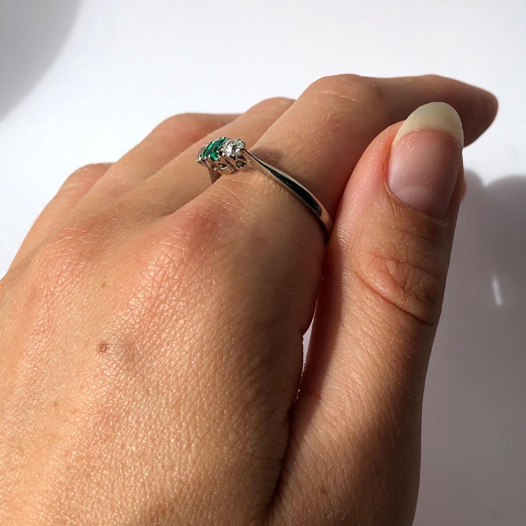 Women's Art Deco Emerald and Diamond Platinum Three-Stone Ring
