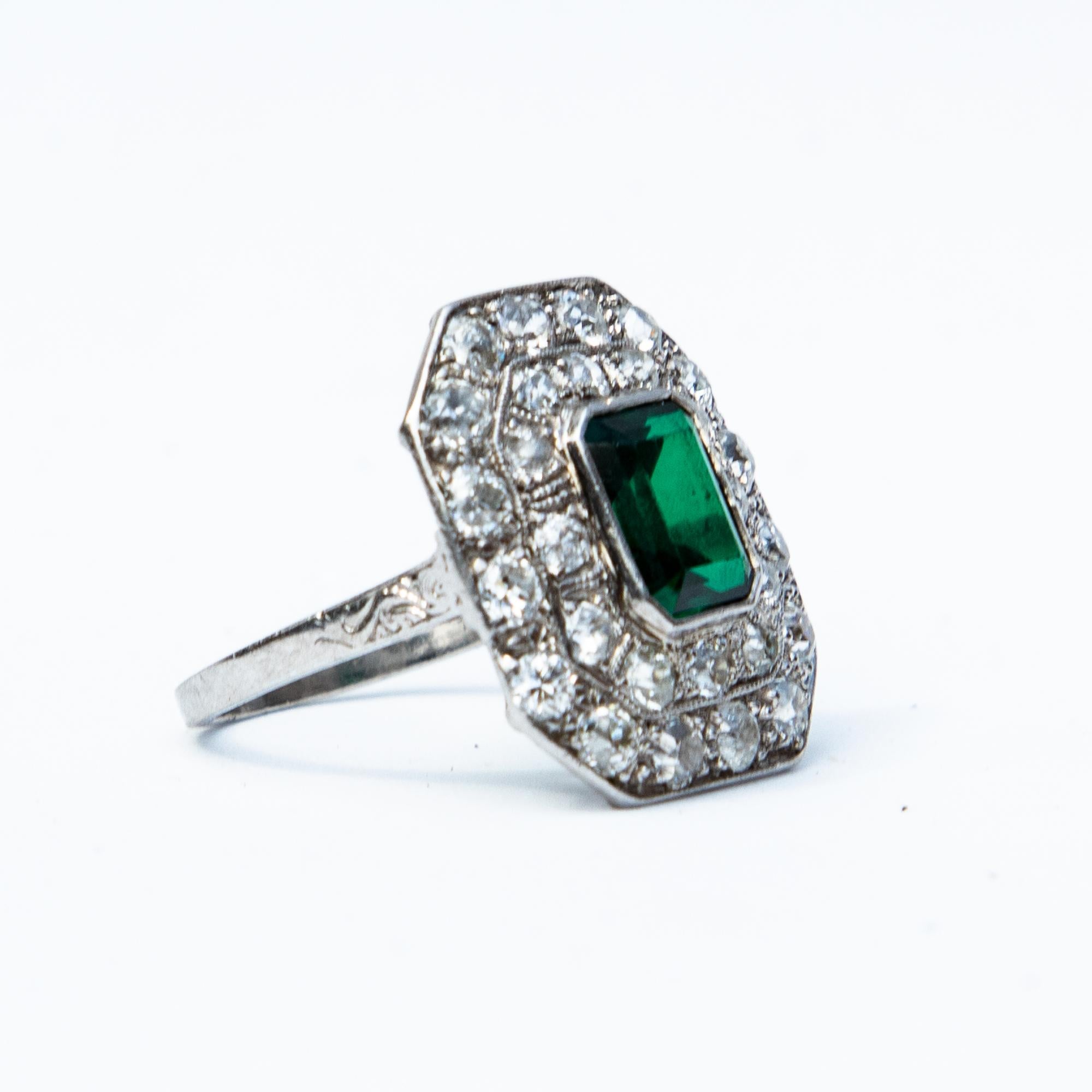 Emerald Cut Art Deco Spinel and Diamond Panel Ring For Sale