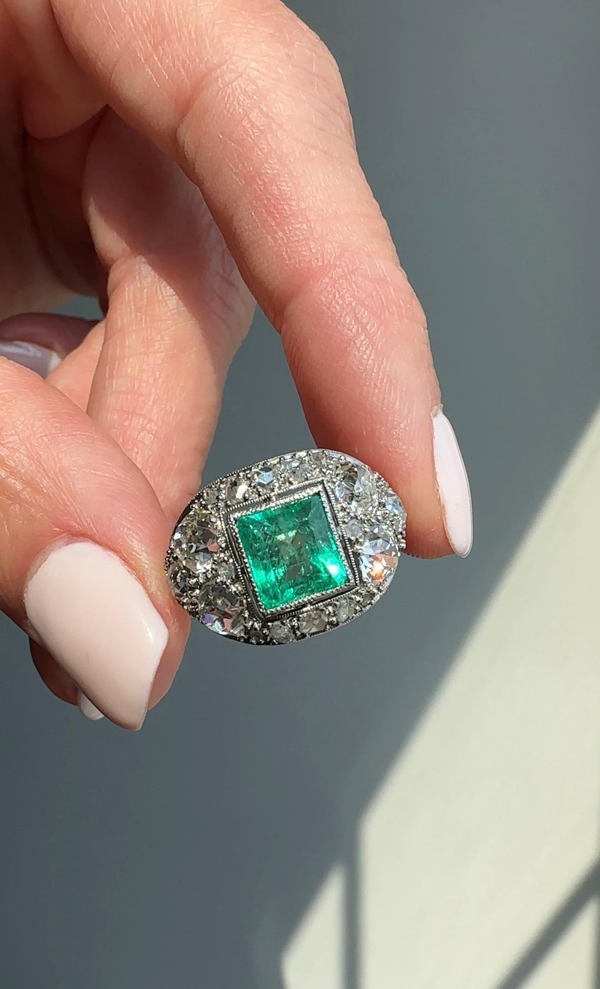 Old Mine Cut Art Deco Colombian Emerald and Diamond Ring - AGL Certificate For Sale