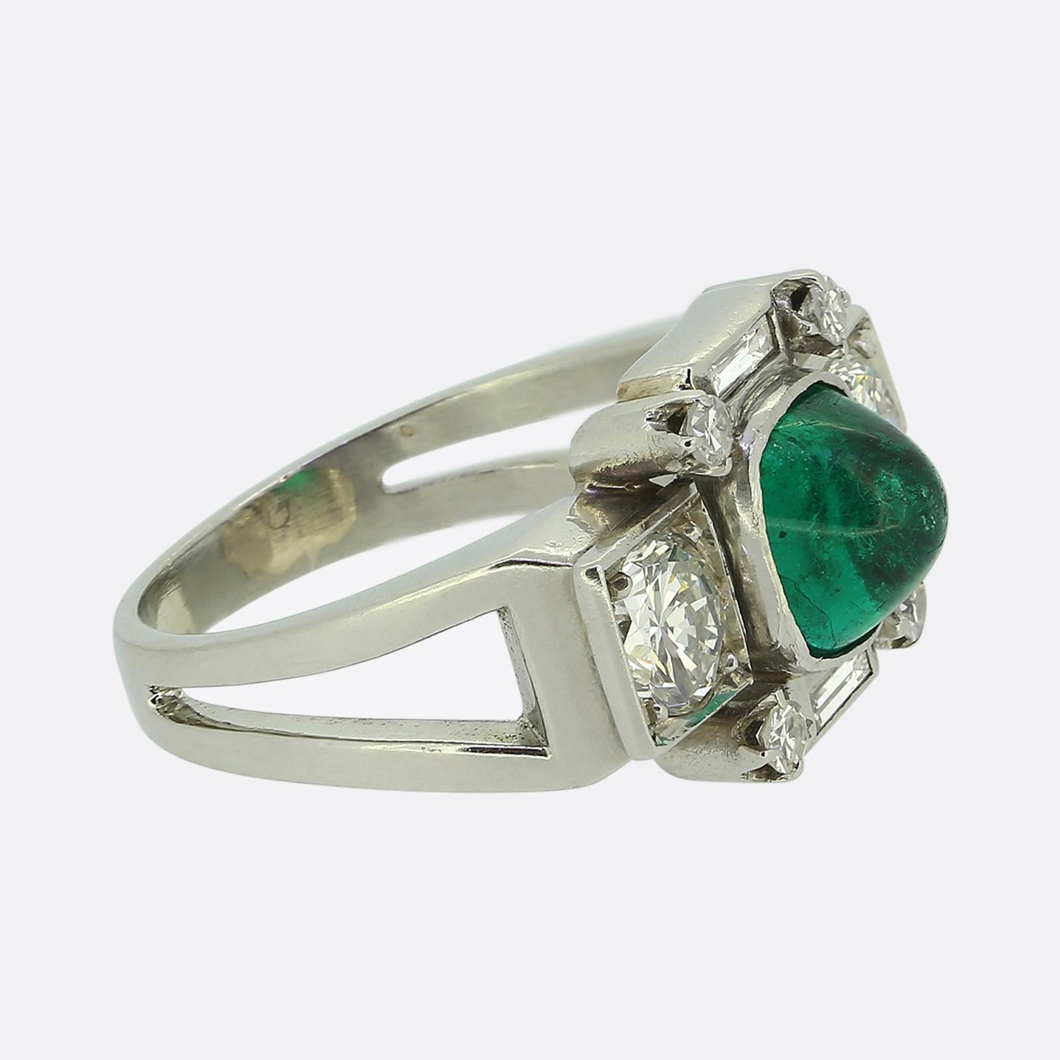 Sugarloaf Cabochon Art Deco Emerald and Diamond Ring For Sale
