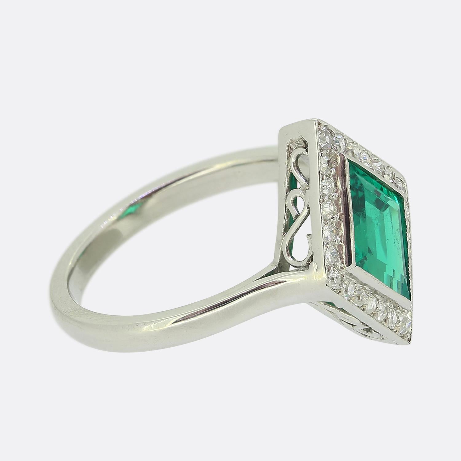 Old European Cut Art Deco Emerald and Diamond Ring For Sale