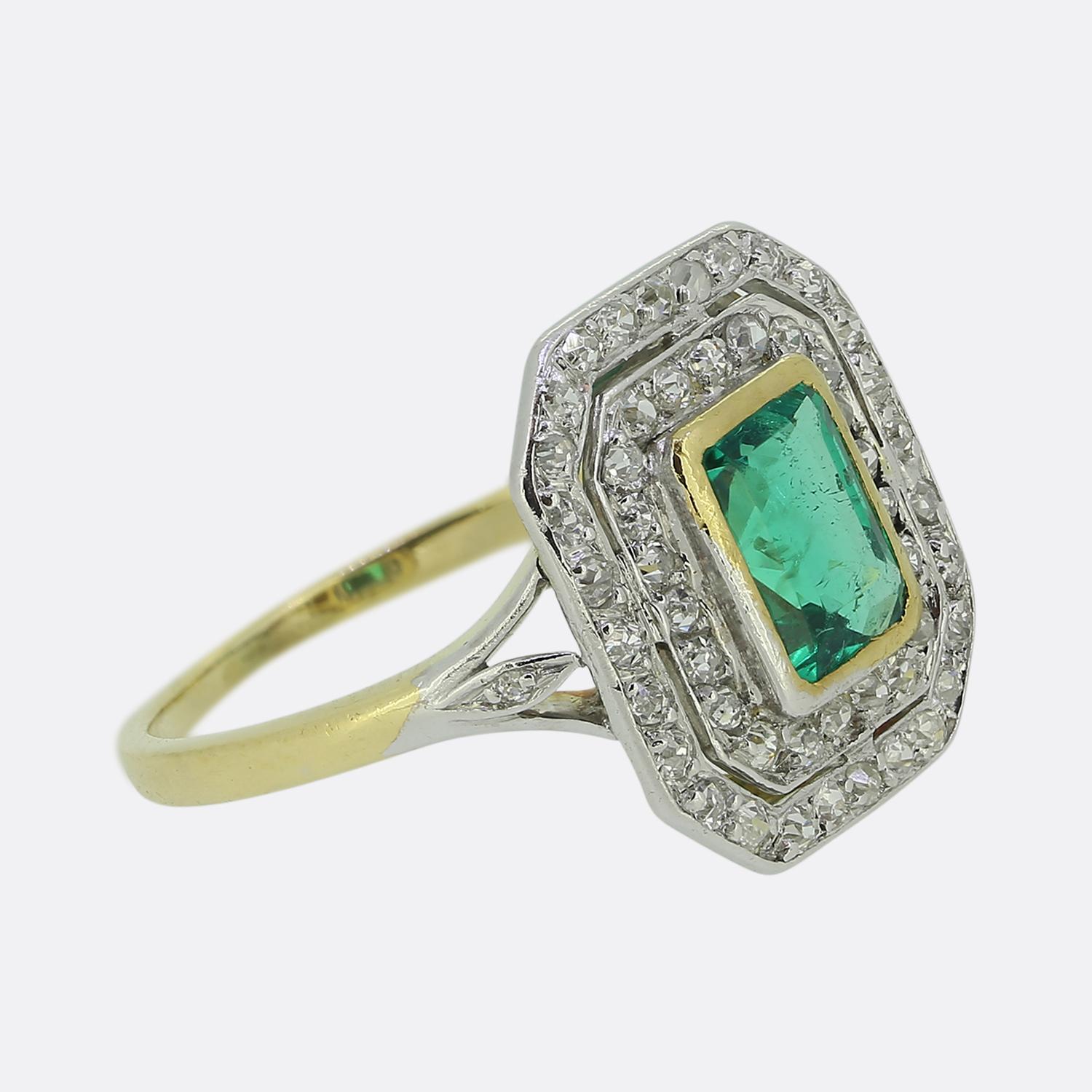 Art déco-Ring mit Smaragd und Diamant (Alteuropäischer Brillantschliff) im Angebot