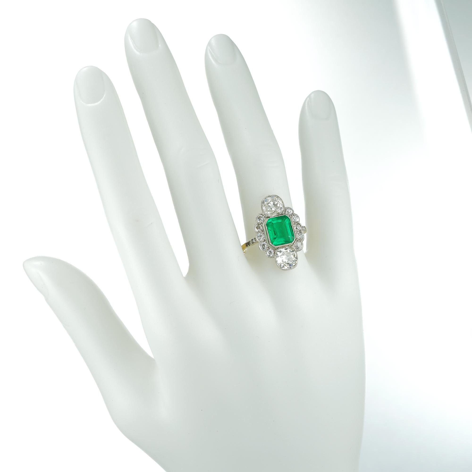 Women's or Men's Art Deco Emerald and Diamond Ring For Sale