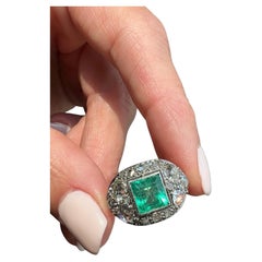 Antique Art Deco Colombian Emerald and Diamond Ring - AGL Certificate