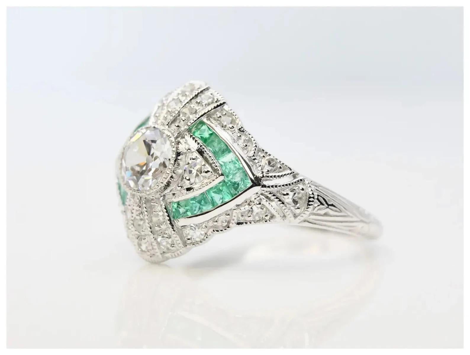 Emerald Cut Art Deco Emerald and Diamond ring in 14K White Gold For Sale