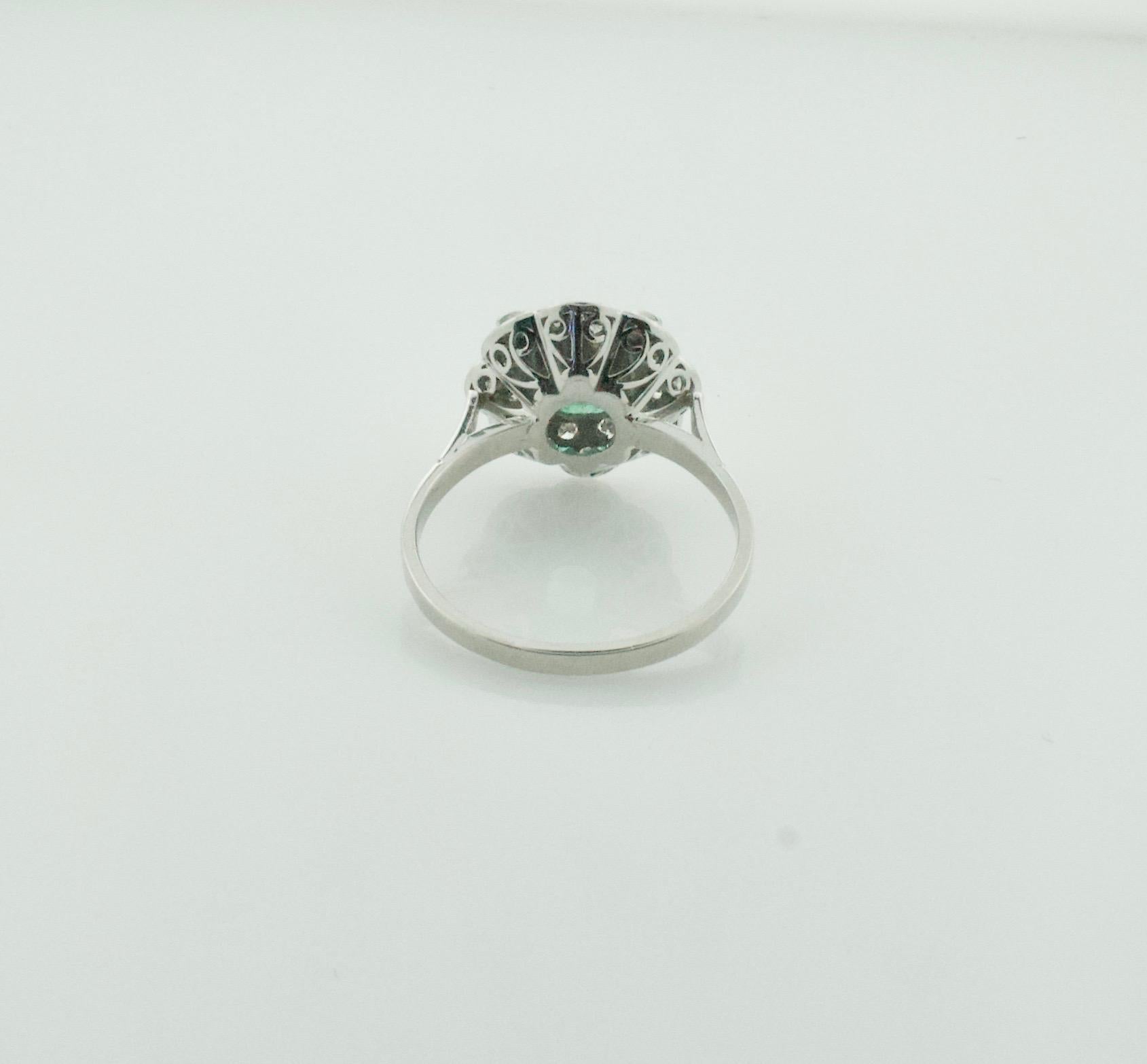 Women's or Men's Art Deco Emerald and Diamond Ring in Platinum For Sale