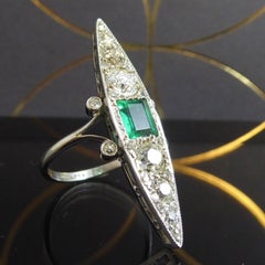 Art Deco Emerald and Diamond Ring, Marquise Shaped, Old Cut Diamonds