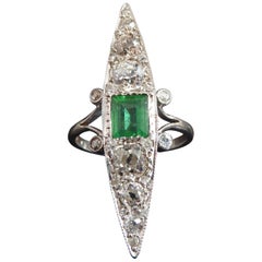 Antique Art Deco Emerald and Diamond Ring, Marquise Shaped, Old Cut Diamonds