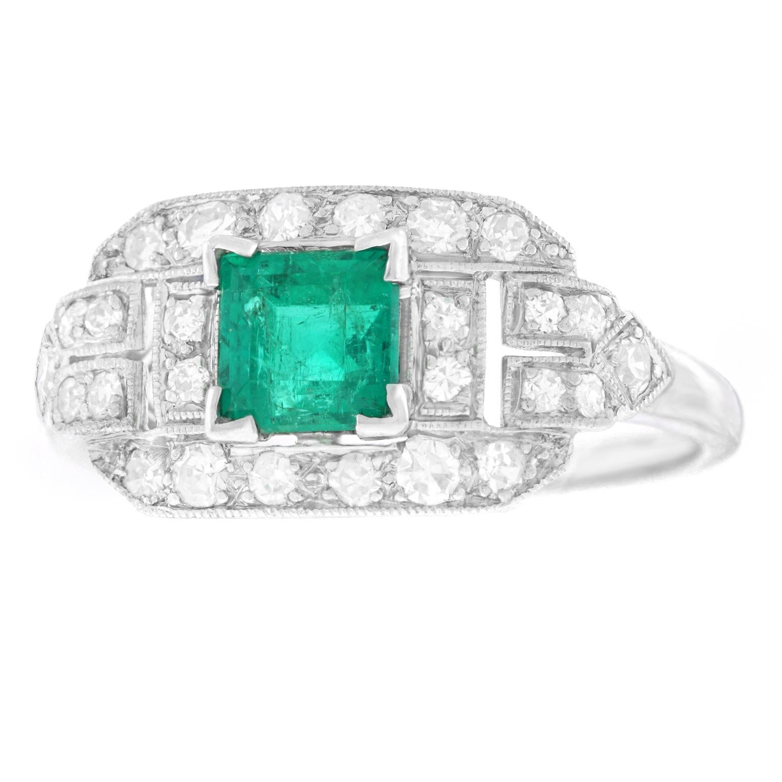 Art Deco Emerald and Diamond Set Platinum Ring In Excellent Condition In Litchfield, CT