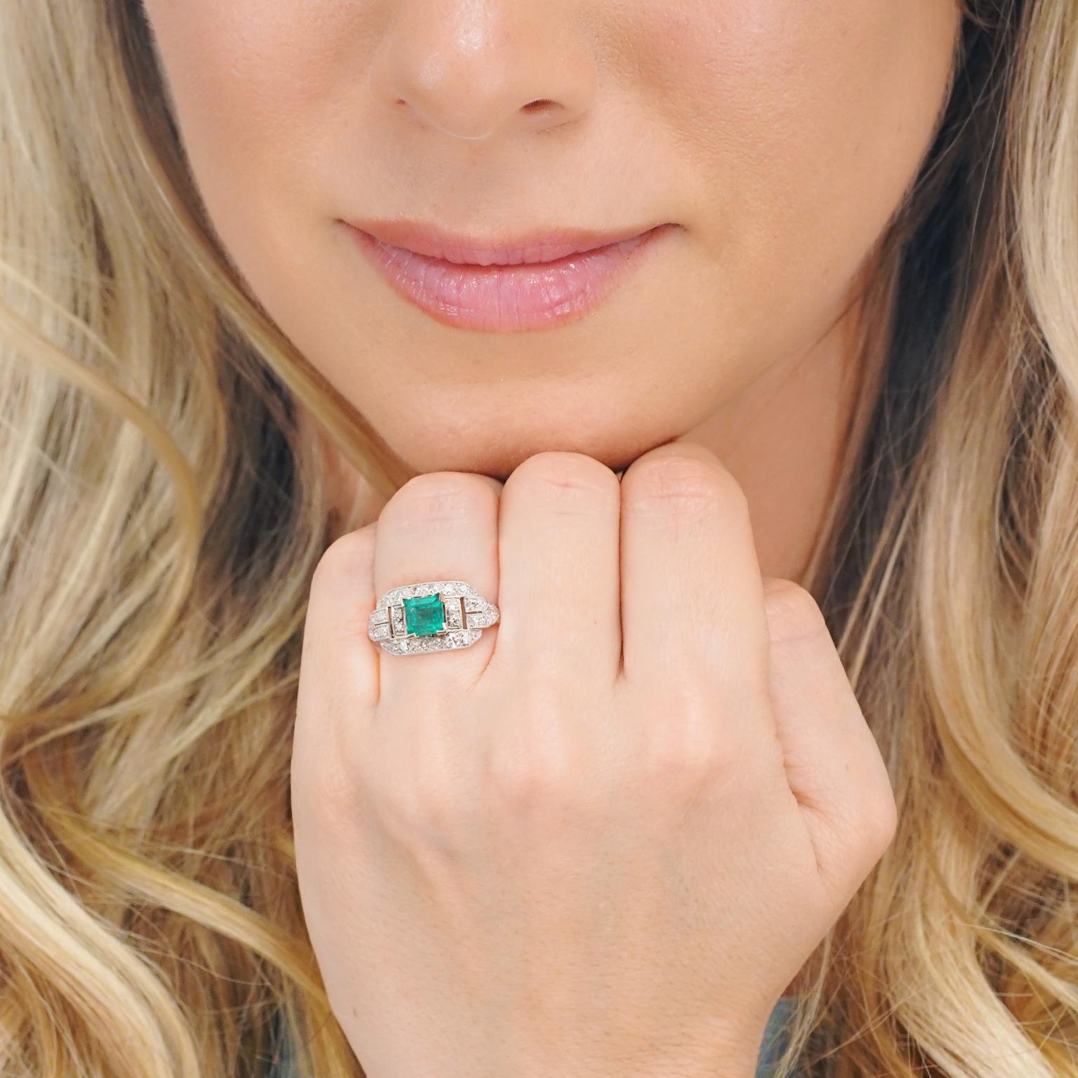 Women's Art Deco Emerald and Diamond Set Platinum Ring