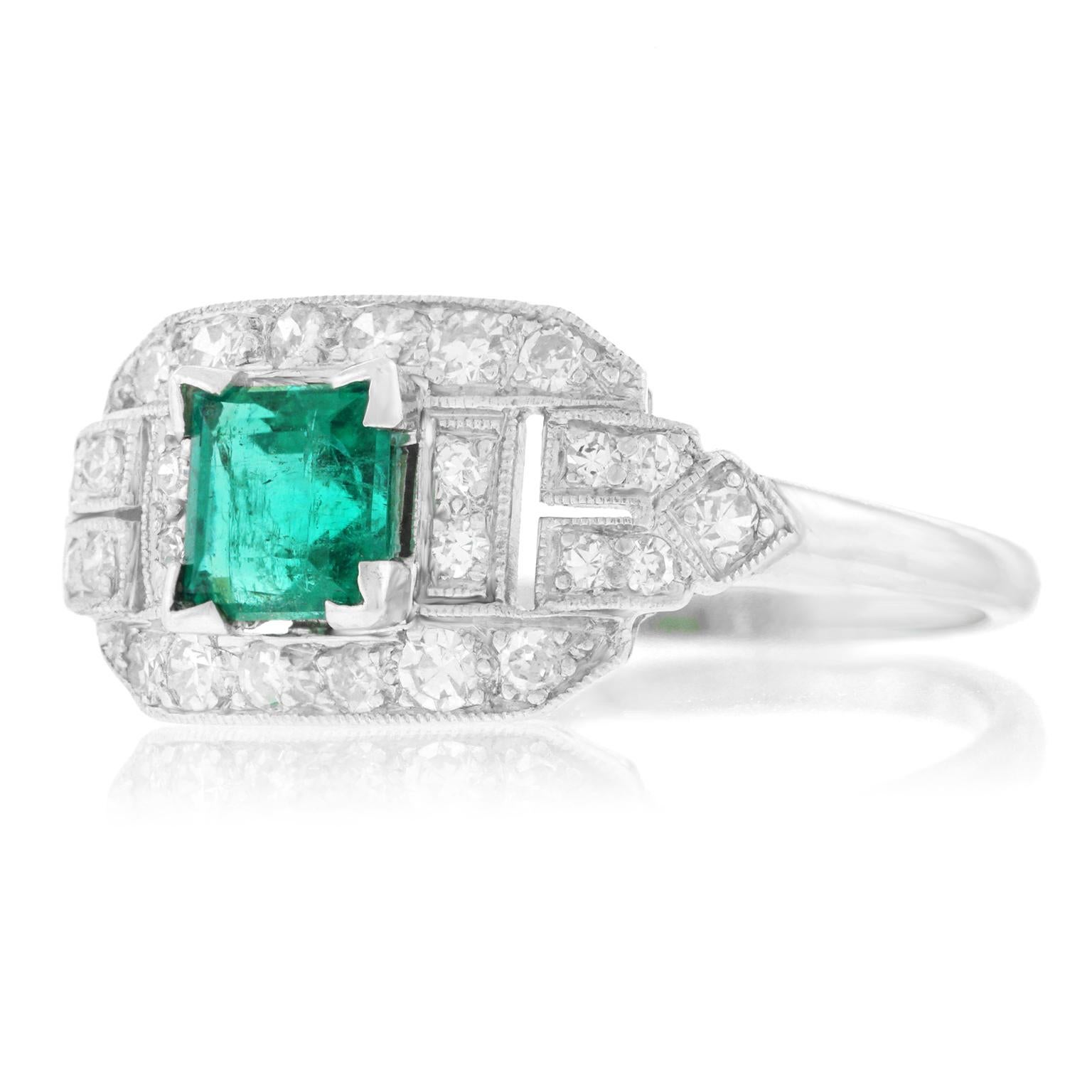 Art Deco Emerald and Diamond Set Platinum Ring 3