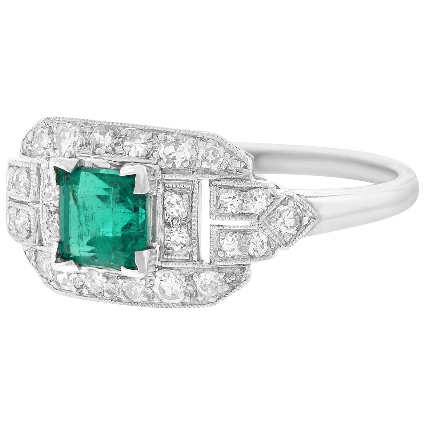 Art Deco Emerald and Diamond Set Platinum Ring