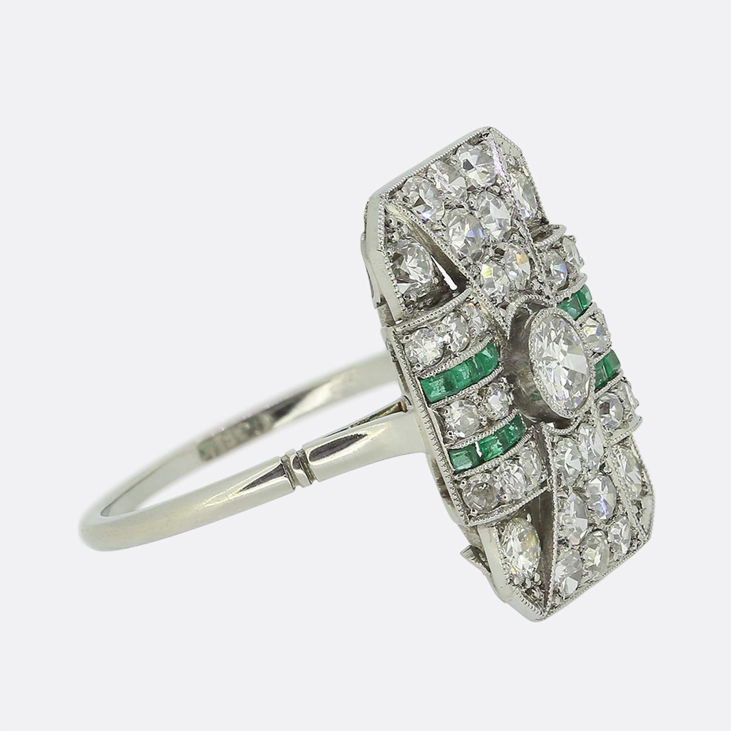 Old European Cut Art Deco Emerald and Diamond Tablet Ring For Sale