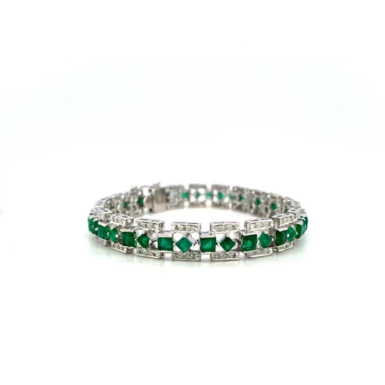 Beautifully handcrafted silver Art Deco Emerald and Diamond Tennis Bracelet, designed with love, including handpicked luxury gemstones for each designer piece. Grab the spotlight with this exquisitely crafted piece. Inlaid with natural emerald