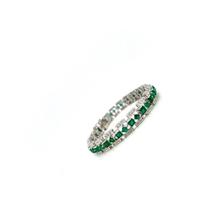 Square Cut Art Deco Emerald and Diamond Tennis Bracelet Made in Sterling Silver For Sale
