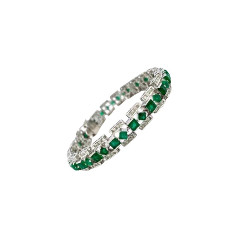 Art Deco Style Emerald and Diamond Tennis Bracelet for Mom Gift in 925 Silver For Sale