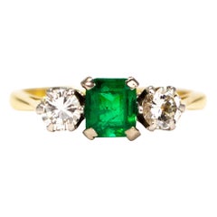 Art Deco Emerald and Diamond Three 18 Carat Gold Stone Ring