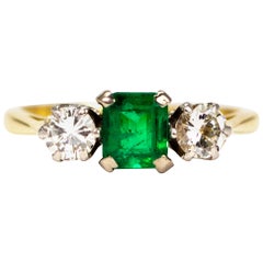 Art Deco Emerald and Diamond Three 18 Carat Gold Stone Ring
