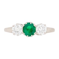 Art Deco Emerald and Diamond Three-Stone Ring, circa 1930s