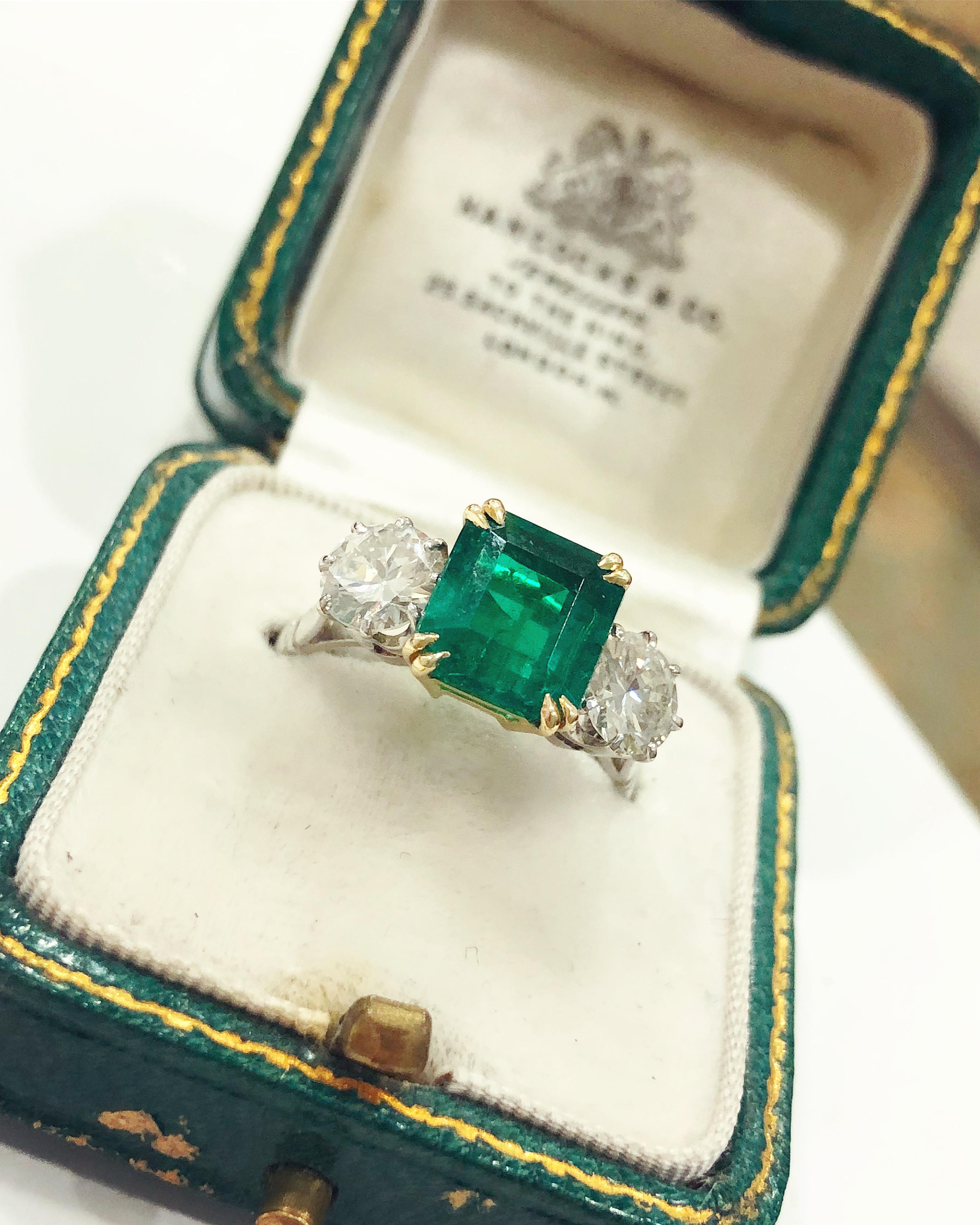 Women's or Men's Art Deco Emerald and Diamond Three-Stone Ring, circa 1930s