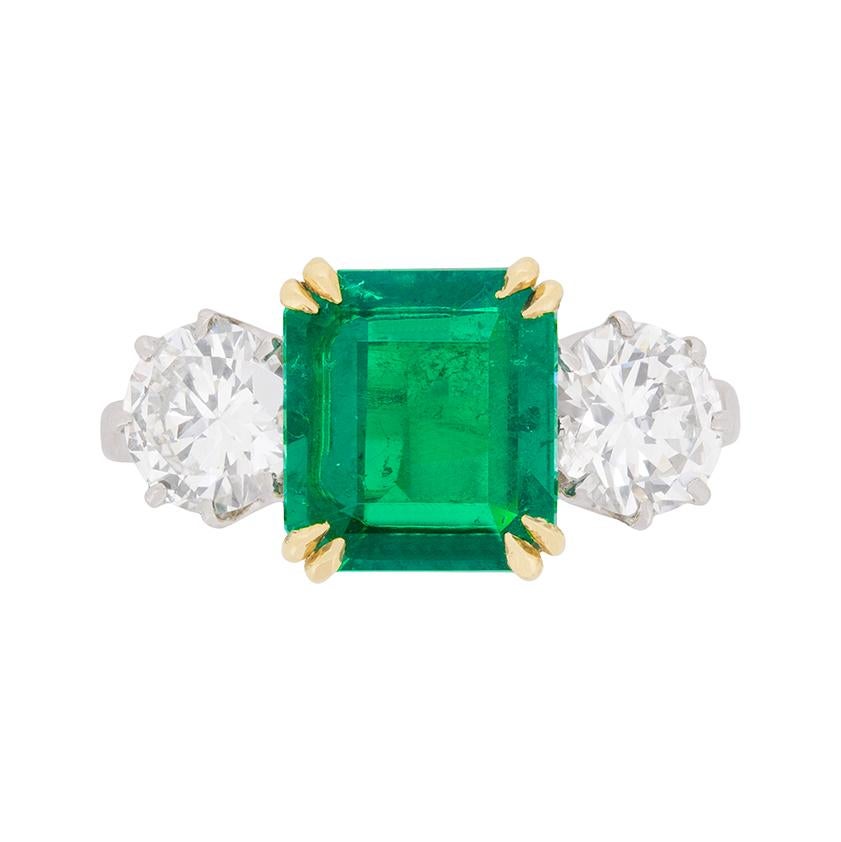Art Deco Emerald and Diamond Three-Stone Ring, circa 1930s