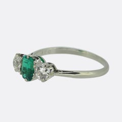 Art Deco Emerald and Diamond Three Stone Ring
