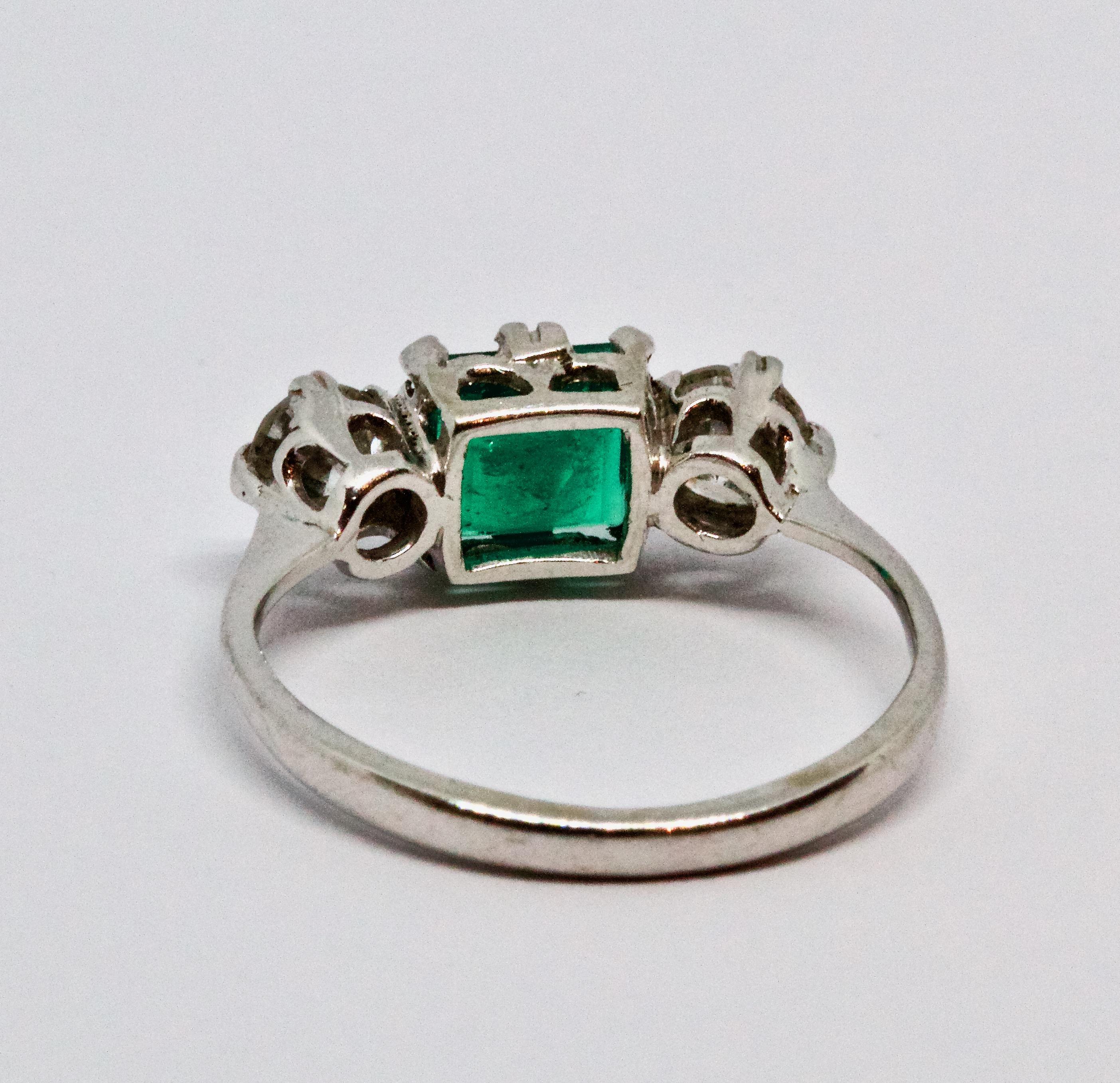 Emerald Cut Art Deco Emerald and Diamond Three-Stone Ring