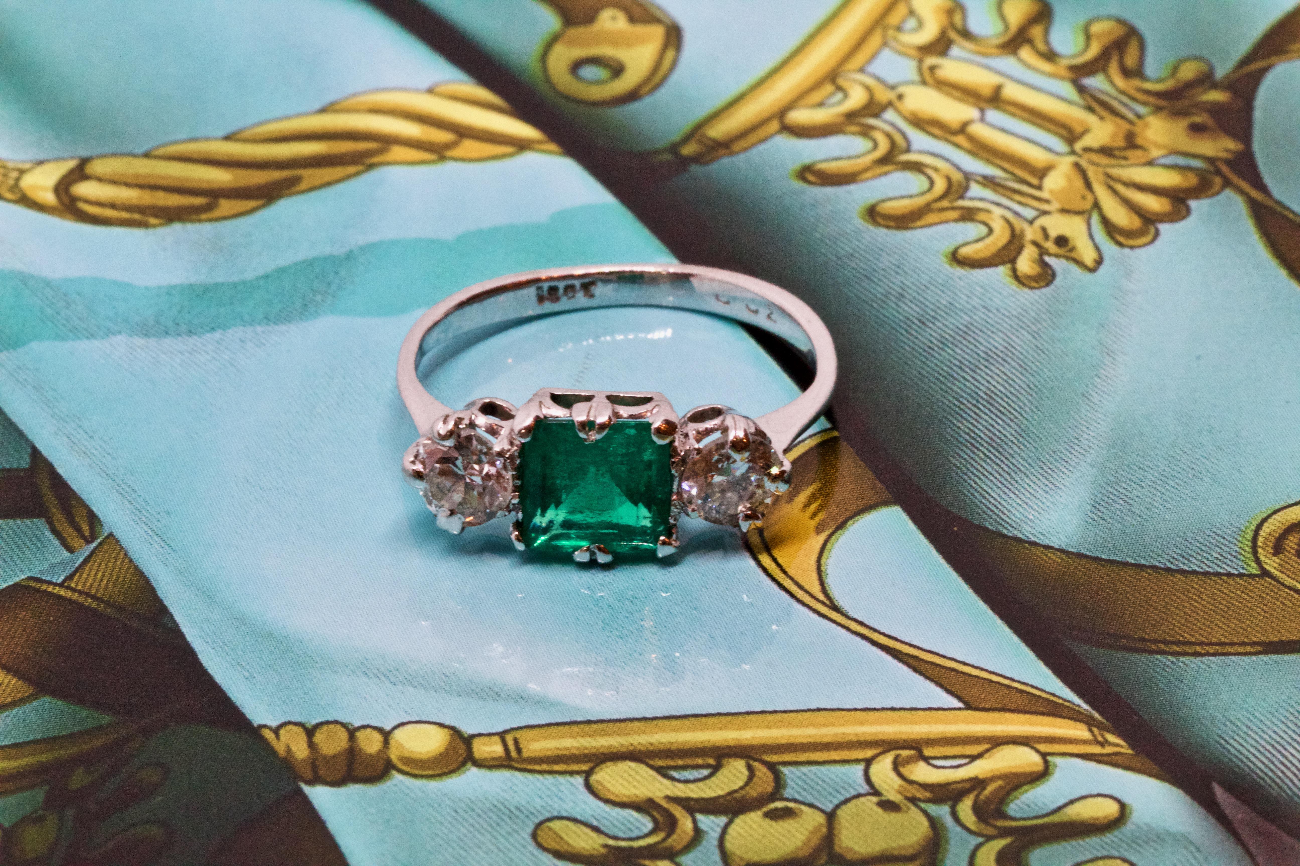Art Deco Emerald and Diamond Three-Stone Ring In Excellent Condition In Chipping Campden, GB