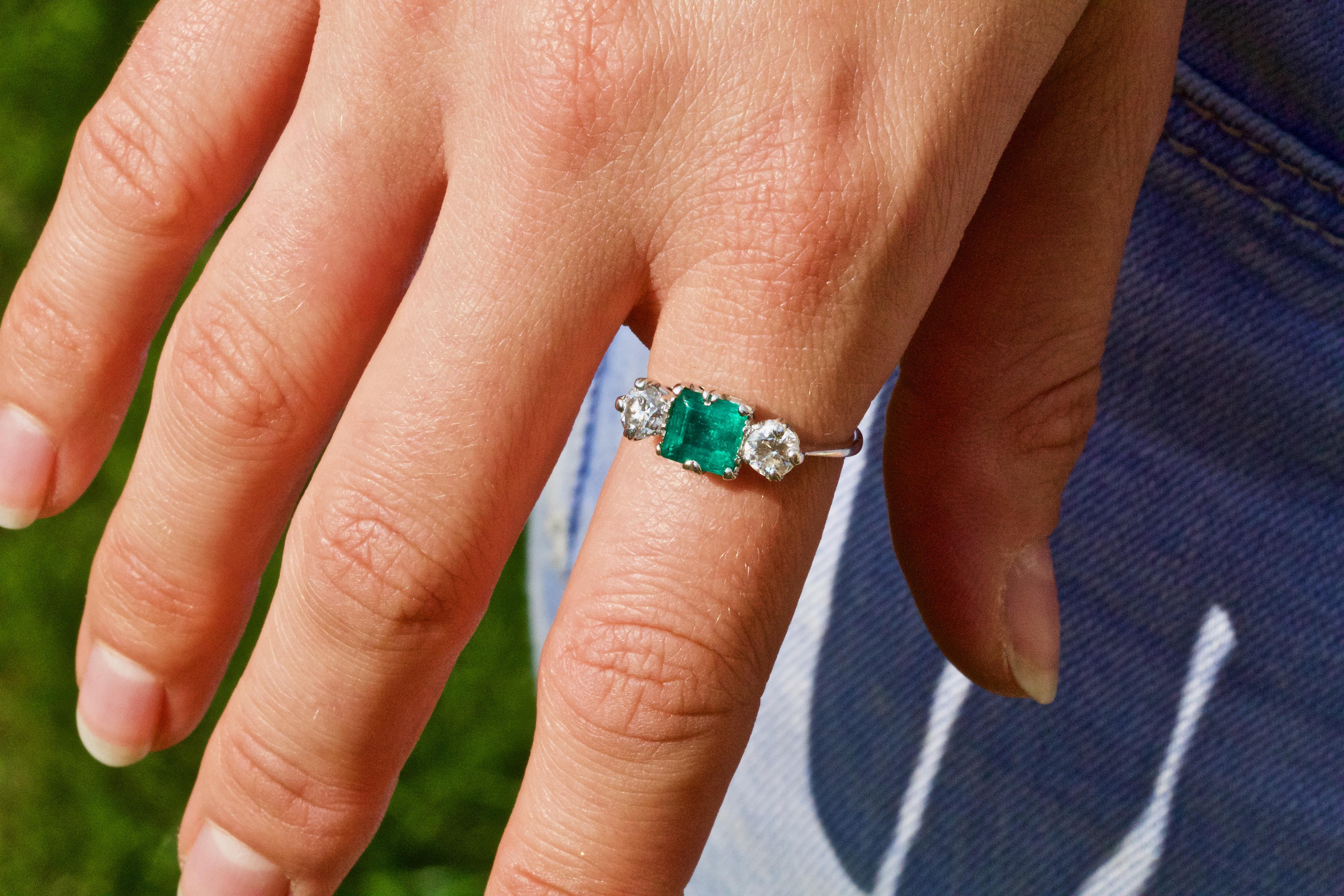 Women's or Men's Art Deco Emerald and Diamond Three-Stone Ring