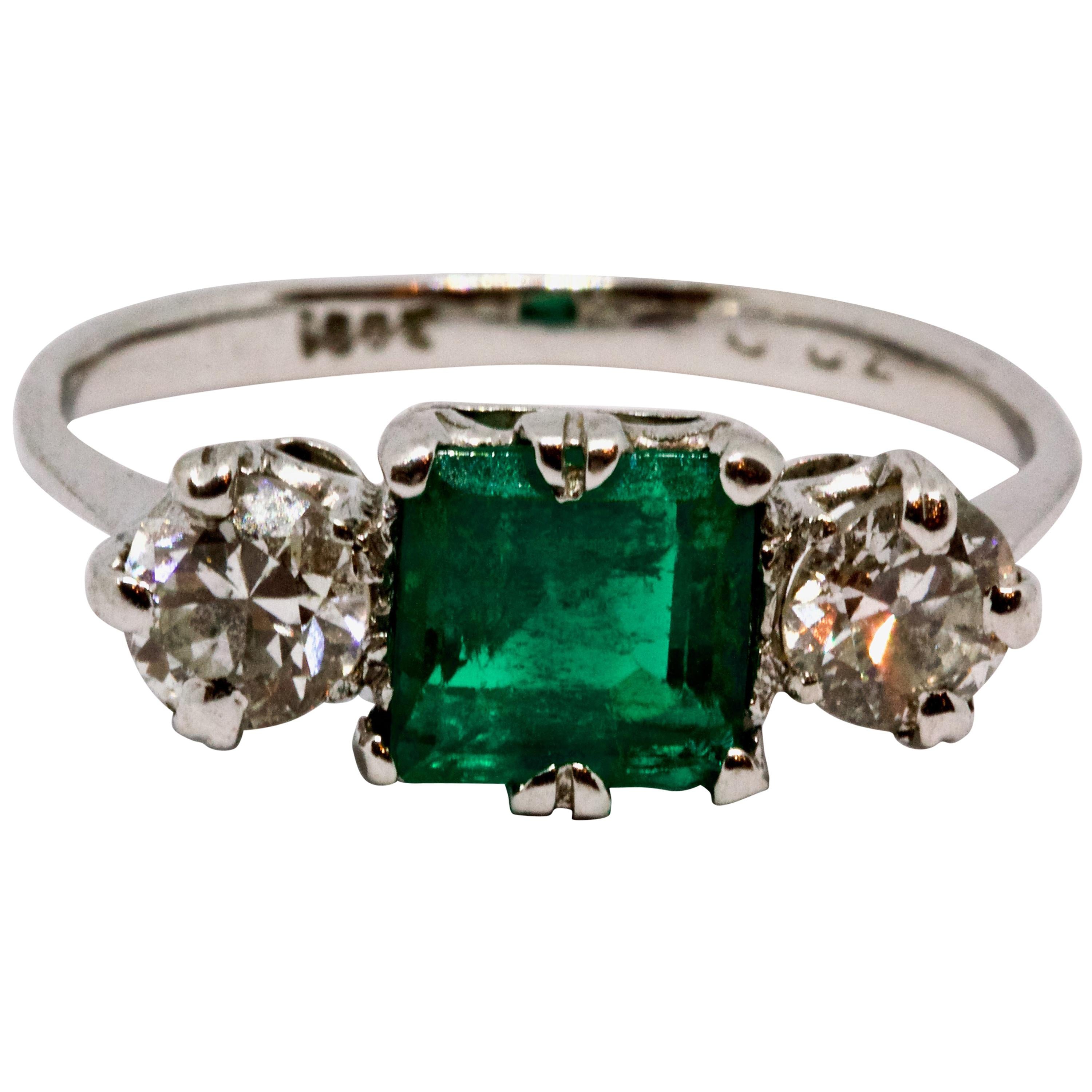 Art Deco Emerald and Diamond Three-Stone Ring