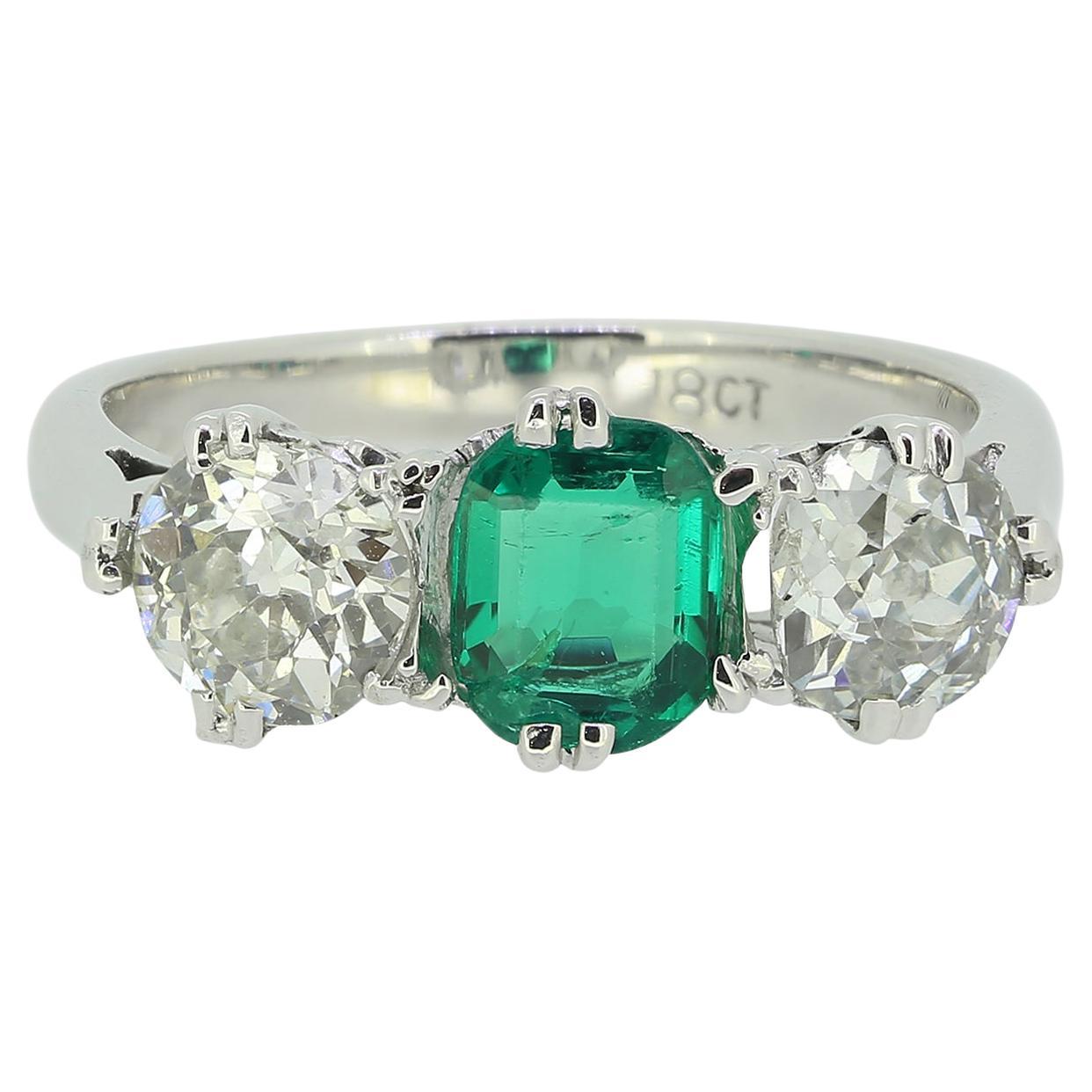 Art Deco Emerald and Diamond Three Stone Ring