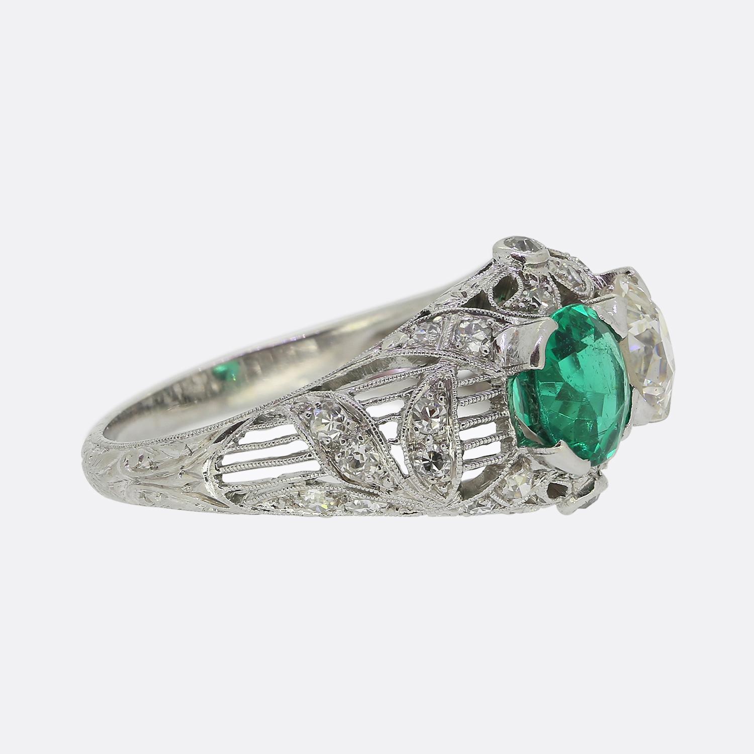 Round Cut Art Deco Emerald and Diamond Two-Stone Filigree Ring For Sale