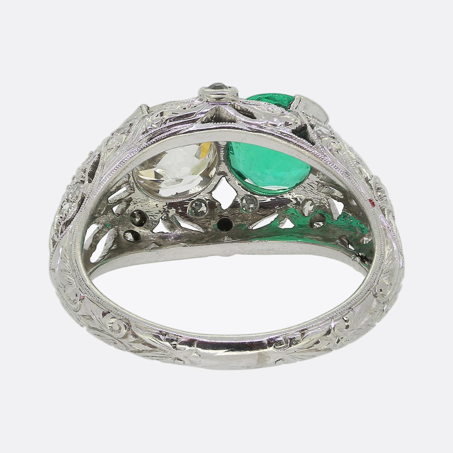 Art Deco Emerald and Diamond Two-Stone Filigree Ring In Good Condition For Sale In London, GB