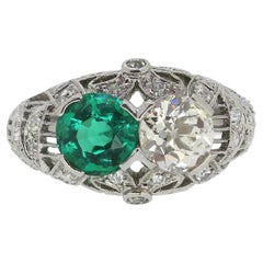 Art Deco Emerald and Diamond Two-Stone Filigree Ring