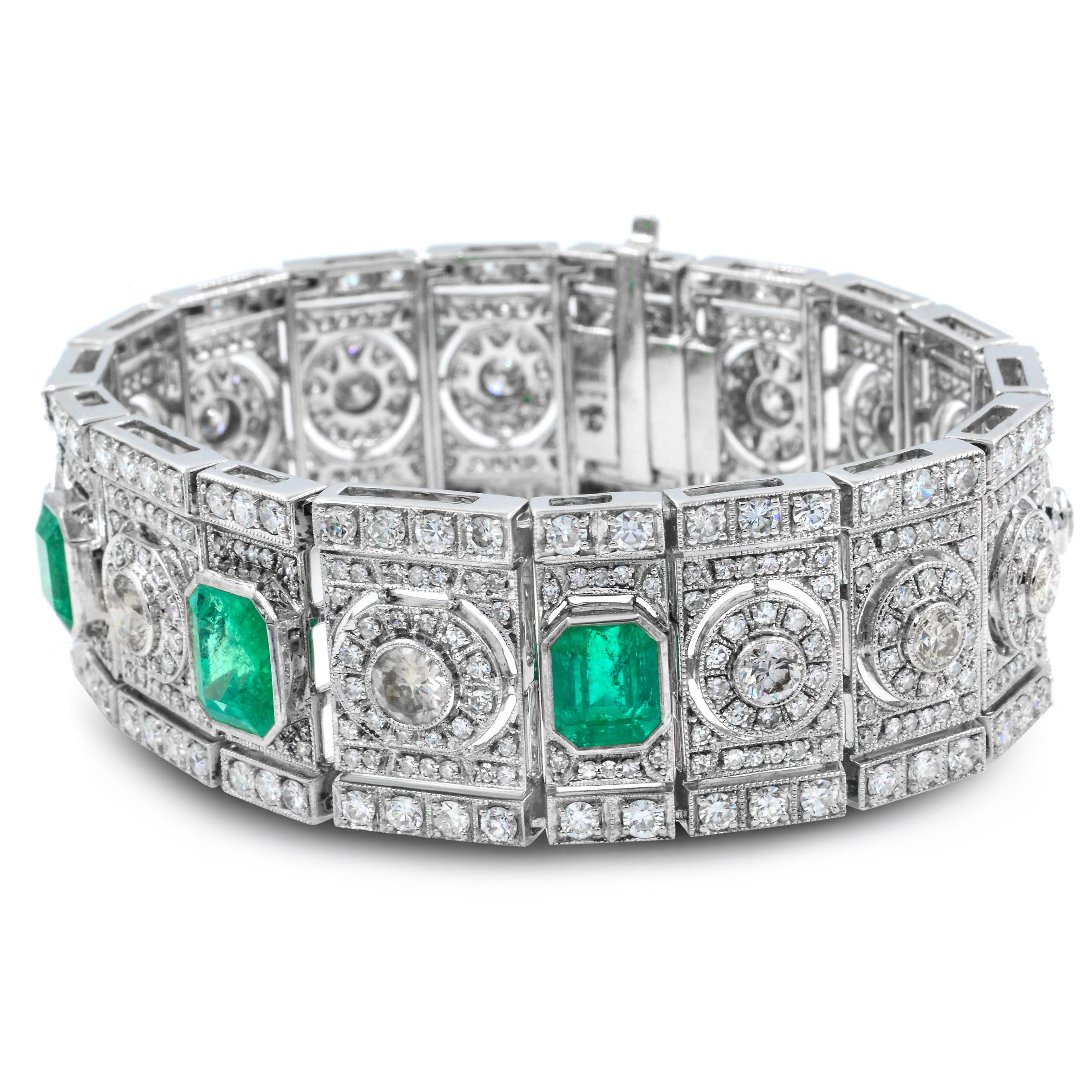 Retro Art Deco Emerald and Diamond Wide Bracelet in 18 Karat White Gold