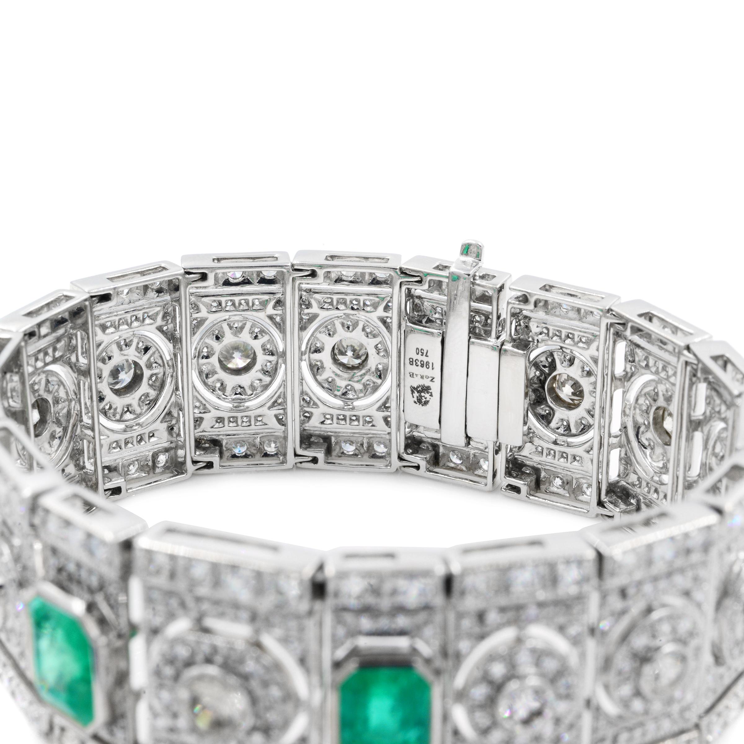 Emerald Cut Art Deco Emerald and Diamond Wide Bracelet in 18 Karat White Gold